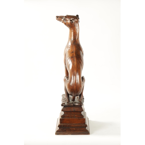 351 - A GOOD 19TH CENTURY CARVED WALNUT OVER-SIZED SCULPTURE OF A SEATED GREYHOUND on a tiered rectangular... 