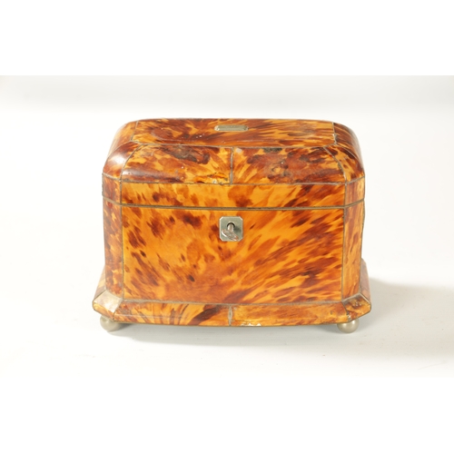 353 - AN EARLY VICTORIAN PEWTER LINED BLONDE TORTOISESHELL TEA CADDY of panelled canted bow-front form wit... 