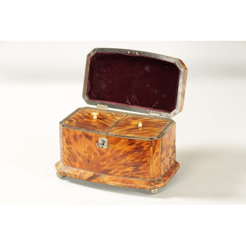 353 - AN EARLY VICTORIAN PEWTER LINED BLONDE TORTOISESHELL TEA CADDY of panelled canted bow-front form wit... 