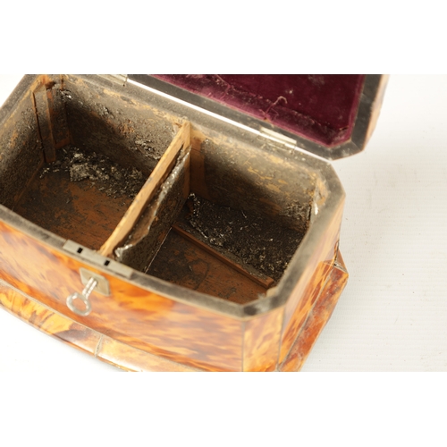 353 - AN EARLY VICTORIAN PEWTER LINED BLONDE TORTOISESHELL TEA CADDY of panelled canted bow-front form wit... 