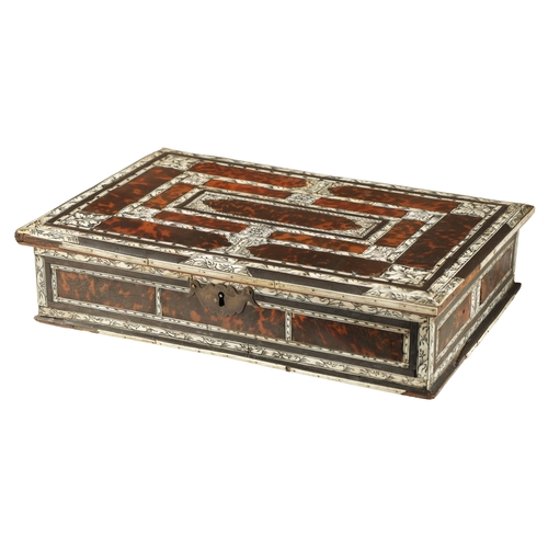 355 - A 17TH CENTURY ANGLO PORTUGUESE TORTOISESHELL AND IVORY PANELLED LACE BOX with overall engraved flow... 