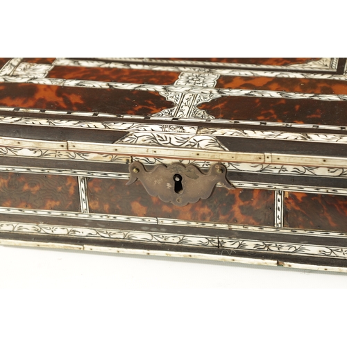 355 - A 17TH CENTURY ANGLO PORTUGUESE TORTOISESHELL AND IVORY PANELLED LACE BOX with overall engraved flow... 