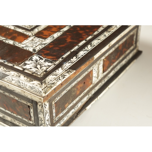 355 - A 17TH CENTURY ANGLO PORTUGUESE TORTOISESHELL AND IVORY PANELLED LACE BOX with overall engraved flow... 