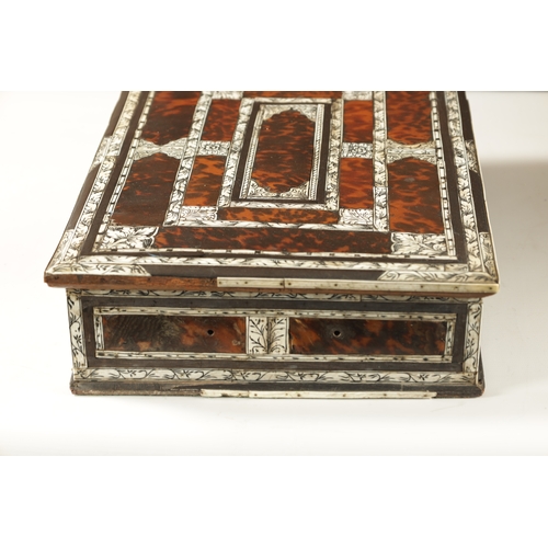 355 - A 17TH CENTURY ANGLO PORTUGUESE TORTOISESHELL AND IVORY PANELLED LACE BOX with overall engraved flow... 