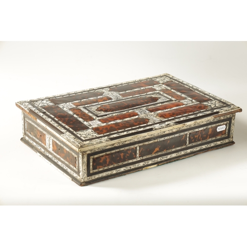 355 - A 17TH CENTURY ANGLO PORTUGUESE TORTOISESHELL AND IVORY PANELLED LACE BOX with overall engraved flow... 