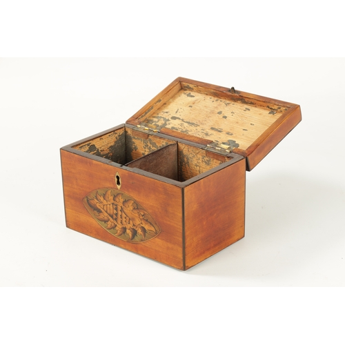 357 - A GEORGE III INLAID SATINWOOD TEA CADDY with oval urn and shell work inlaid panels to the top and fr... 