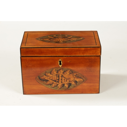 357 - A GEORGE III INLAID SATINWOOD TEA CADDY with oval urn and shell work inlaid panels to the top and fr... 