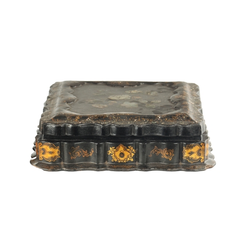 360 - A GOOD 19TH CENTURY PAPIER MACHE GAMES BOX having shaped moulded edge and recessed centre, decorated... 