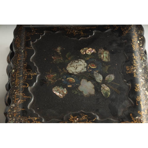 360 - A GOOD 19TH CENTURY PAPIER MACHE GAMES BOX having shaped moulded edge and recessed centre, decorated... 