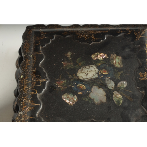 360 - A GOOD 19TH CENTURY PAPIER MACHE GAMES BOX having shaped moulded edge and recessed centre, decorated... 