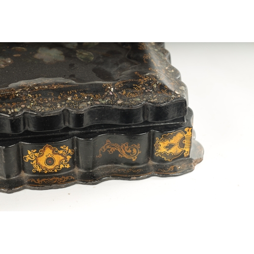 360 - A GOOD 19TH CENTURY PAPIER MACHE GAMES BOX having shaped moulded edge and recessed centre, decorated... 