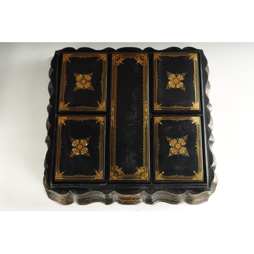 360 - A GOOD 19TH CENTURY PAPIER MACHE GAMES BOX having shaped moulded edge and recessed centre, decorated... 