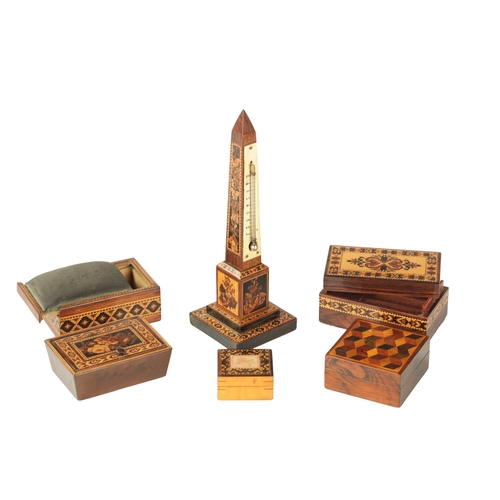 363 - A COLLECTION OF SIX PIECES OF 19TH CENTURY TUNBRIDGE WARE comprising a thermometer obelisk with bone... 