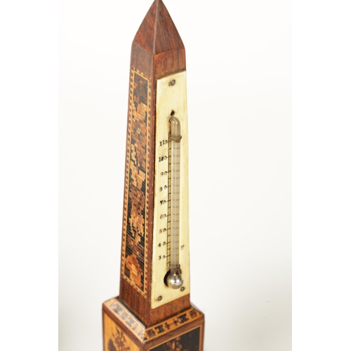 363 - A COLLECTION OF SIX PIECES OF 19TH CENTURY TUNBRIDGE WARE comprising a thermometer obelisk with bone... 