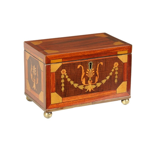 364 - A GOOD REGENCY INLAID MAHOGANY TEA CADDY with specimen inlays having leaf swag work and fleur de lis... 