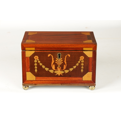 364 - A GOOD REGENCY INLAID MAHOGANY TEA CADDY with specimen inlays having leaf swag work and fleur de lis... 