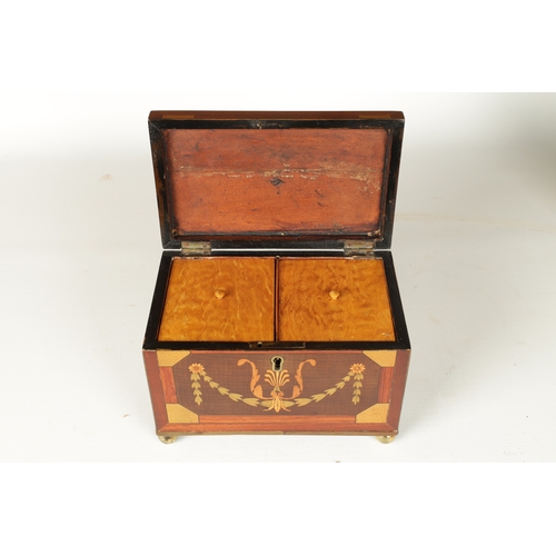 364 - A GOOD REGENCY INLAID MAHOGANY TEA CADDY with specimen inlays having leaf swag work and fleur de lis... 