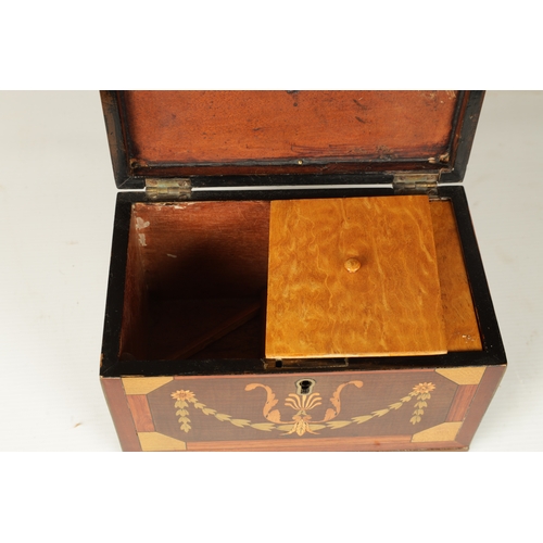 364 - A GOOD REGENCY INLAID MAHOGANY TEA CADDY with specimen inlays having leaf swag work and fleur de lis... 