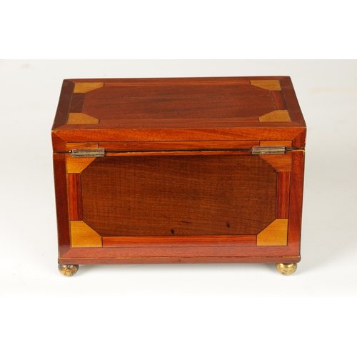 364 - A GOOD REGENCY INLAID MAHOGANY TEA CADDY with specimen inlays having leaf swag work and fleur de lis... 