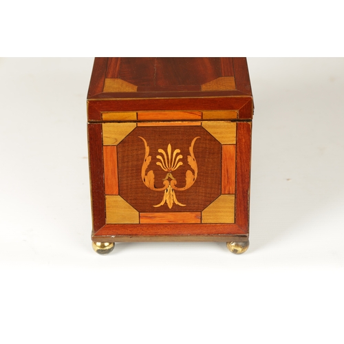 364 - A GOOD REGENCY INLAID MAHOGANY TEA CADDY with specimen inlays having leaf swag work and fleur de lis... 