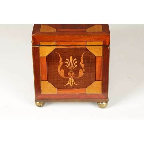 364 - A GOOD REGENCY INLAID MAHOGANY TEA CADDY with specimen inlays having leaf swag work and fleur de lis... 