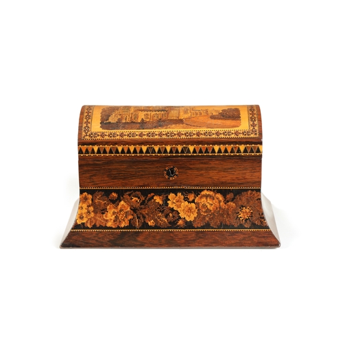 369 - A LATE 19TH CENTURY TUNBRIDGE WARE DOME TOPPED TEA CADDY with inlaid cathedral scene to the hinged l... 