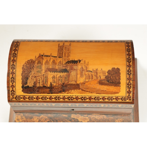 369 - A LATE 19TH CENTURY TUNBRIDGE WARE DOME TOPPED TEA CADDY with inlaid cathedral scene to the hinged l... 