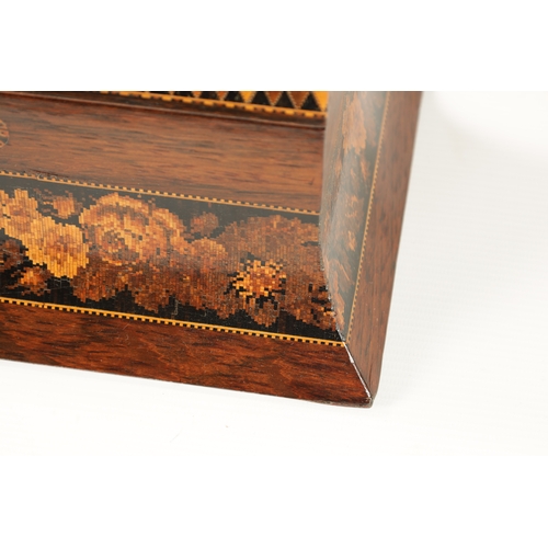 369 - A LATE 19TH CENTURY TUNBRIDGE WARE DOME TOPPED TEA CADDY with inlaid cathedral scene to the hinged l... 