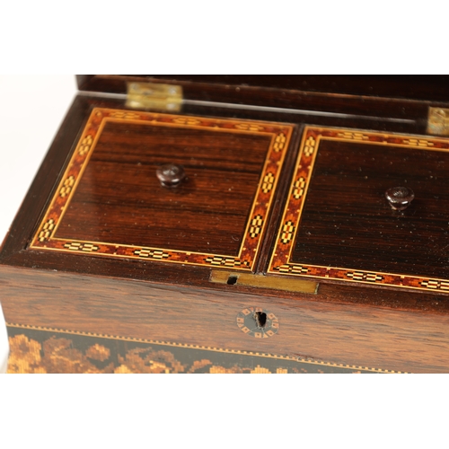 369 - A LATE 19TH CENTURY TUNBRIDGE WARE DOME TOPPED TEA CADDY with inlaid cathedral scene to the hinged l... 