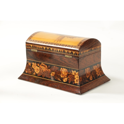 369 - A LATE 19TH CENTURY TUNBRIDGE WARE DOME TOPPED TEA CADDY with inlaid cathedral scene to the hinged l... 