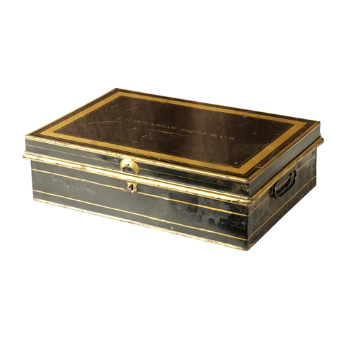 372 - A LATE 19TH CENTURY BLACK LACQUERED LIDDED BOX by Ede, Son & Ravenscroft, highlighted with gilt band... 