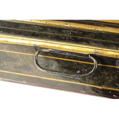 372 - A LATE 19TH CENTURY BLACK LACQUERED LIDDED BOX by Ede, Son & Ravenscroft, highlighted with gilt band... 