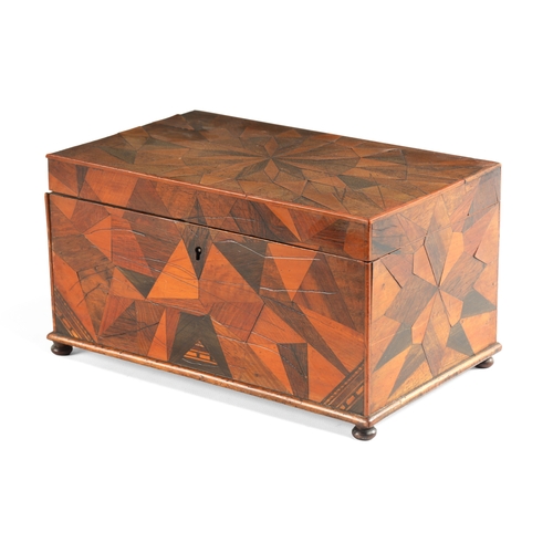 373 - A GEORGE III SPECIMEN WOOD PARQUETRY VENEERED LIDDED BOX with geometric design top and lift out tray... 