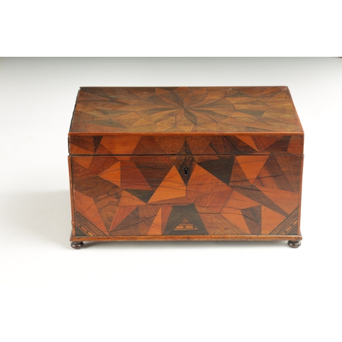 373 - A GEORGE III SPECIMEN WOOD PARQUETRY VENEERED LIDDED BOX with geometric design top and lift out tray... 