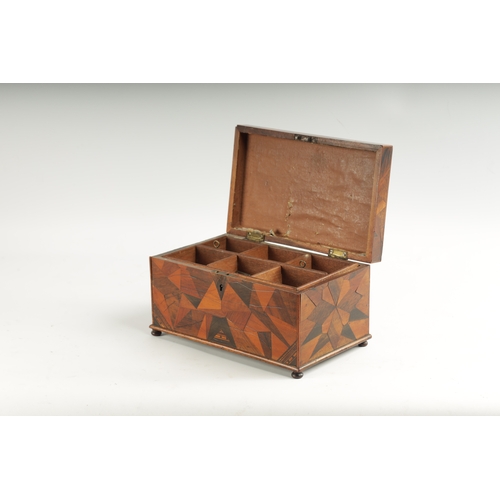 373 - A GEORGE III SPECIMEN WOOD PARQUETRY VENEERED LIDDED BOX with geometric design top and lift out tray... 