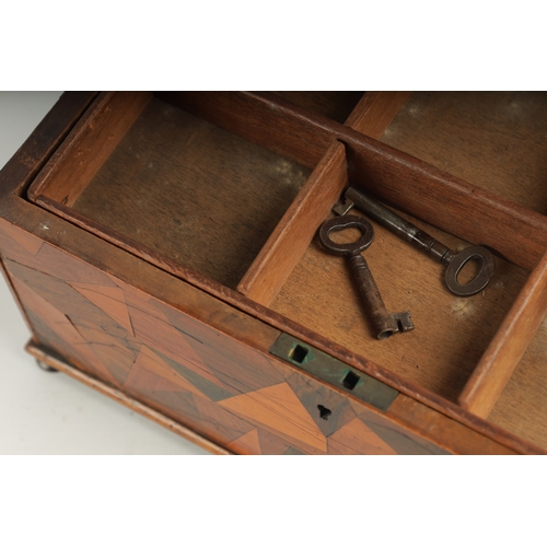 373 - A GEORGE III SPECIMEN WOOD PARQUETRY VENEERED LIDDED BOX with geometric design top and lift out tray... 