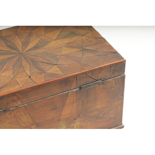 373 - A GEORGE III SPECIMEN WOOD PARQUETRY VENEERED LIDDED BOX with geometric design top and lift out tray... 