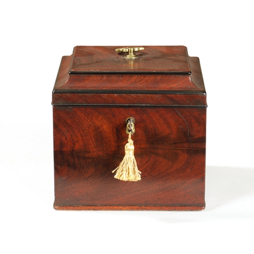 374 - A GEORGE III FIGURED MAHOGANY SQUARE MOULDED TOP TEA CADDY with axe drop handle and Bramah style loc... 