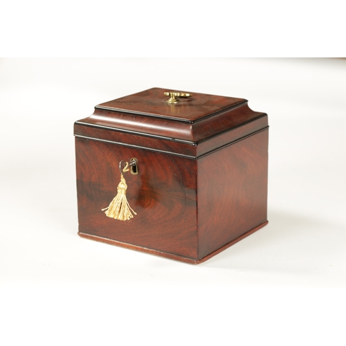 374 - A GEORGE III FIGURED MAHOGANY SQUARE MOULDED TOP TEA CADDY with axe drop handle and Bramah style loc... 