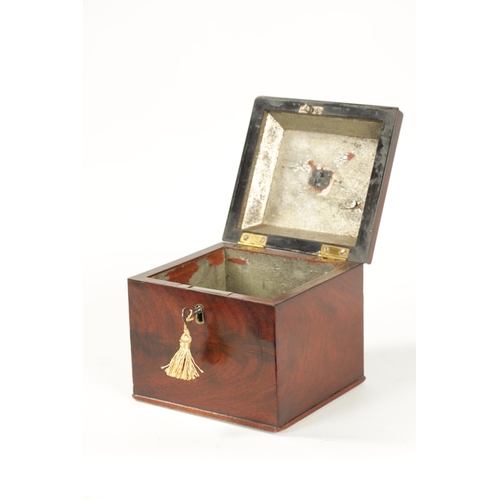 374 - A GEORGE III FIGURED MAHOGANY SQUARE MOULDED TOP TEA CADDY with axe drop handle and Bramah style loc... 