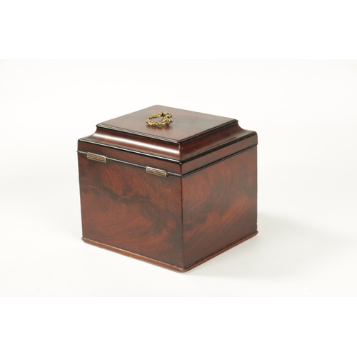 374 - A GEORGE III FIGURED MAHOGANY SQUARE MOULDED TOP TEA CADDY with axe drop handle and Bramah style loc... 