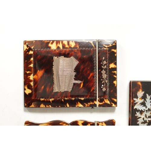 375 - A COLLECTION OF FIVE 19TH CENTURY TORTOISESHELL, MOTHER OF PEARL AND SILVER INLAID CARD CASES with f... 