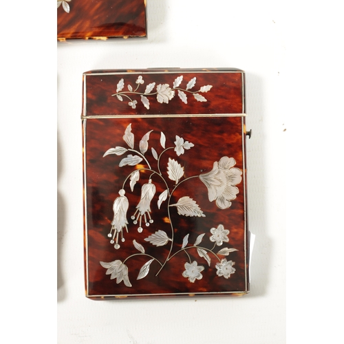 375 - A COLLECTION OF FIVE 19TH CENTURY TORTOISESHELL, MOTHER OF PEARL AND SILVER INLAID CARD CASES with f... 