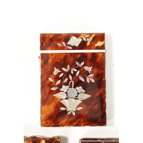 375 - A COLLECTION OF FIVE 19TH CENTURY TORTOISESHELL, MOTHER OF PEARL AND SILVER INLAID CARD CASES with f... 