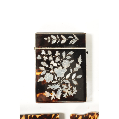 375 - A COLLECTION OF FIVE 19TH CENTURY TORTOISESHELL, MOTHER OF PEARL AND SILVER INLAID CARD CASES with f... 