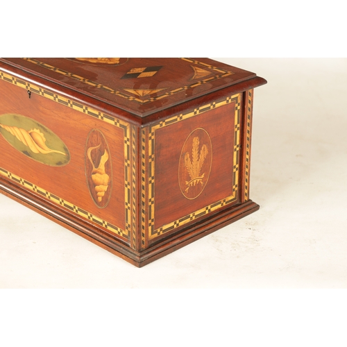 377 - A LATE GEORGE III INLAID MAHOGANY BOX shell inlaid in boxwood and ebony with chequered border, the s... 