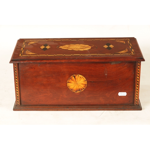 377 - A LATE GEORGE III INLAID MAHOGANY BOX shell inlaid in boxwood and ebony with chequered border, the s... 