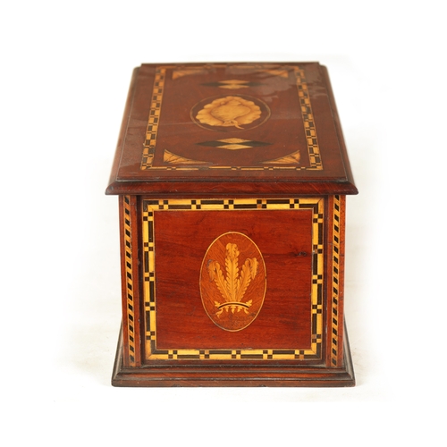 377 - A LATE GEORGE III INLAID MAHOGANY BOX shell inlaid in boxwood and ebony with chequered border, the s... 