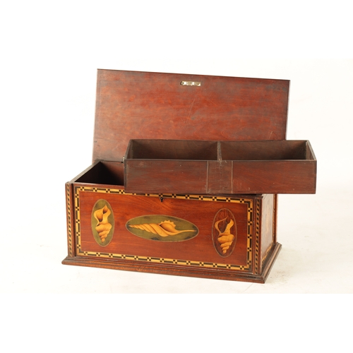 377 - A LATE GEORGE III INLAID MAHOGANY BOX shell inlaid in boxwood and ebony with chequered border, the s... 