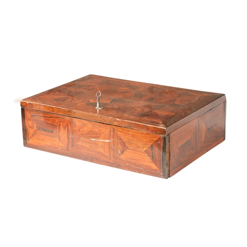 379 - A LATE 17TH CENTURY CONTINENTAL LABURNUM PARQUETRY VENEERED BOX of rectangular form with locking hin... 